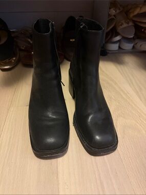 Loeffler Randall Black Leather Square-Toe Block Heel Ankle Boots